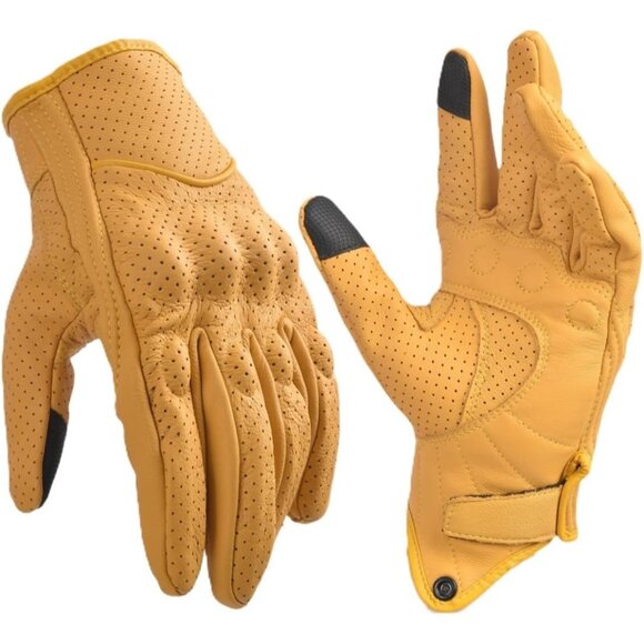 Men's Yellow Moto Racing Perforated Motorbike Dirt Bike Leather Gloves - Picture 1 of 8